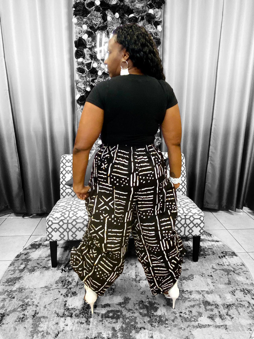 Women Long Palazzo Pants - Tribal Print Black & White Dazzled By B