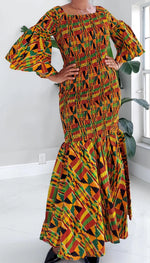 Load image into Gallery viewer, Kente Print Mermaid Dress Orange &amp; Green Dazzled By B
