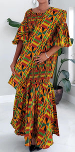 Load image into Gallery viewer, Kente Print Mermaid Dress Orange &amp; Green Dazzled By B
