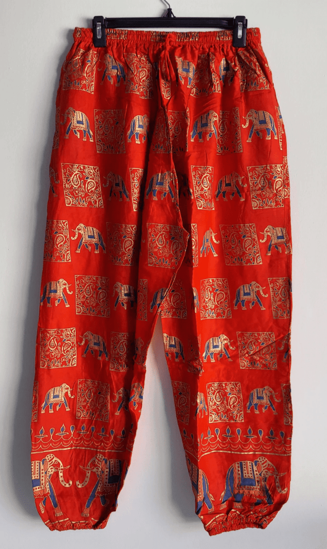 Red Elephant Print Harem Pants with Elastic Bottom, Off-White